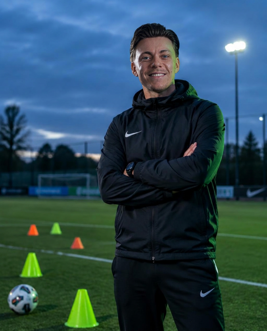 Jari Rommens op het trainingsveld bij schemer